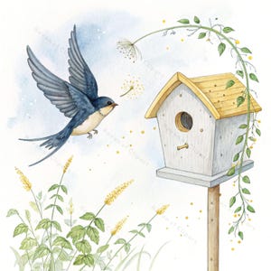 12 cliparts hirondelle et ciel étoilé • Oiseau en vol aquarelle et nichoir avec nuages et pissenlits • PNG/JPG pour chambre d'enfant, printemps, décoration ciel