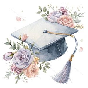 12 Clipart di cappelli di laurea floreali ad acquerello • PNG/JPG • Arte di laurea primaverile femminile per biglietti, inviti e creazioni digitali