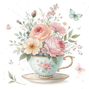 12 Clipart di tazze da tè galleggianti • Fiori e viticci acquerellati che emergono da una tazza da tè vintage • PNG/JPG • Decorazioni primaverili per la cameretta dei bambini