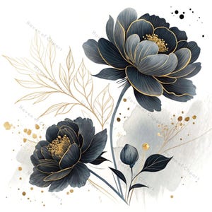12 黒と金の水彩花のクリップアート • 豪華な花の PNG と JPG • 抽象的な花のイラスト • エレガントなダークアートデザイン