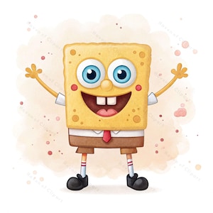 12 cliparts aquarelle style Bob l'éponge PNG/JPG • Illustration amusante d'une éponge dessin animé jaune • Art numérique imprimable pour enfants et décoration de fête