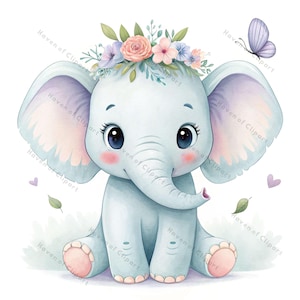 12 zoete aquarel olifant clipart png/jpg • Zachte babyolifant met blos en grote oren • Digitale download voor kinderkamer, kaarten, ambachten
