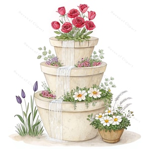 12 Blumen Brunnen Topf Clipart • Aquarell gestapelte Pflanzgefäße mit Rosen, Tulpen & Gänseblümchen • PNG JPG für Kunsthandwerk, Dekor • Digitaler Download