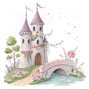 12 Prinzessin Schloss Versteck Clipart • Aquarell Schloss mit Blumen und Wassergraben • PNG / JPGs für Kinderzimmer, Party, magisches Dekor