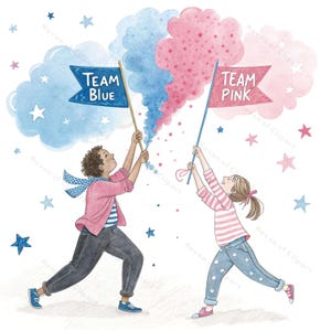12 Gender Reveal Clipart • Rosa & Blauer Aquarell Splash mit Baby Icons und Luftballons • Baby Party PNG / JPGs für Party Dekoration, Einladungen