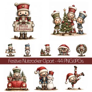 Peut inclure: Une collection d'illustrations numériques représentant des personnages casse-noisettes de dessin animé dans diverses poses festives, tenant une pancarte Merry Christmas, décorant un sapin, conduisant une voiture rouge et jouant avec un bonhomme de neige.