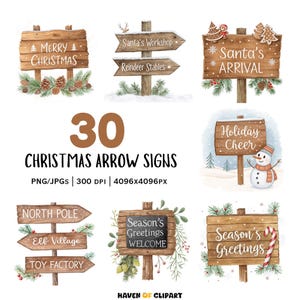 30 Wooden Signpost Christmas Clipart • Watercolor Rustic Holiday Greetings Festive Arrow • Digital Download for Crafts, Winter Decor PNG/JPG