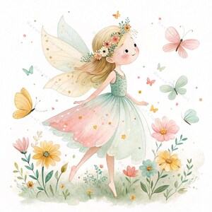 12 cliparts de fée couronne florale • Fée aquarelle avec papillons et fleurs sauvages • Art fantastique pastel • PNG/JPG pour chambre de bébé, décoration, cartes