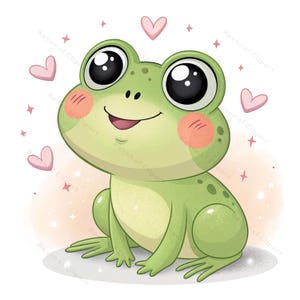 12 lindas imágenes prediseñadas de ranas de dibujos animados • Adorable rana verde kawaii con ojos grandes y rubor • Arte digital PNG/JPG para calcomanías, manualidades infantiles, sublimación