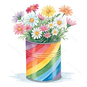 12 bemalte Blechdosen Pflanzer Clipart • Aquarell Gänseblümchen & Veilchen in gestreiften und gepunkteten Töpfen • PNG JPG für Kinder Basteln, Papierprojekte