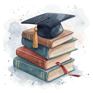 12 Pila di libri ad acquerello con cappello di laurea Clipart • PNG/JPG • Arte accademica per biglietti di laurea e progetti scolastici