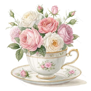 12 Clipart di tazze da tè acquerellate con rose rosa tenui e crema • Tazza da tè floreale vintage PNG/JPG • Arte digitale romantica stampabile
