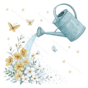 12 cliparts d'arrosoirs de rêves • Aquarelle, versant des fleurs, des papillons et des paillettes • PNG JPG pour l'art de la chambre d'enfant, décoration printanière