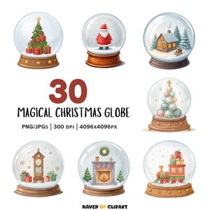 30 Christmas Snow Globe Clipart • Watercolor Mini Holiday Scenes Winter Decor & Festive Ornaments • Digital Download for Crafts PNG/JPG