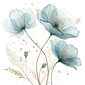 12 Blau Gold Aquarell Blumen Clipart • Elegantes abstraktes Blumen Set PNG/JPG • Luxuriöser digitaler Download für Branding, Kunsthandwerk & Dekor