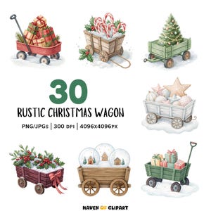30 Wagen Clipart • Aquarell Karren mit Geschenken, Weihnachtsbaum Dekor • Digitaler Download für Junk Journal, Handwerk, Papier DIY PNG/JPGs