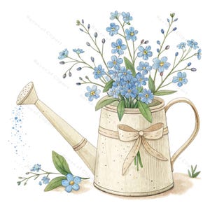 12 cliparts d'arrosoirs inoubliables • Aquarelles de fleurs sauvages bleues dans un pichet de jardin rustique • PNG/JPG pour une décoration printanière et des travaux manuels