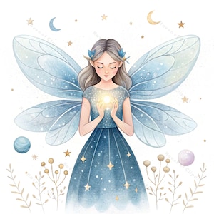 12 Clipart di Fata con Ali di Cristallo • Fata acquerello con sfera luminosa e accenti celesti • Arte fantasy PNG/JPG per decorazioni lunari, biglietti, diari