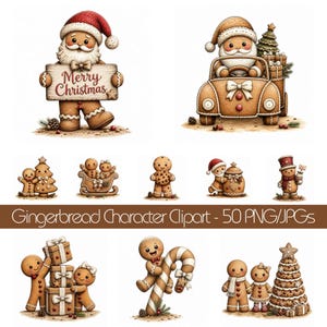 Könnte beinhalten: Eine Sammlung von Lebkuchen-Charakter-Illustrationen mit Weihnachtsmännern, Lebkuchenmännchen, Tannenbäumen, Geschenkkartons und Zuckerstangen. Der Text "Gingerbread Character Clipart - 50 PNG/JPGs" ist in der Mitte des Bildes zu sehen.