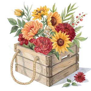 12 cliparts de caisse en bois rustique • Tournesols, zinnias et mufliers aquarelles dans une boîte de style campagnard • PNG/JPG pour impressions, travaux manuels en papier et décoration