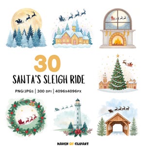 30 Santa’s Sleigh Silhouette Clipart • Watercolor Flying Reindeer, Winter Sky & Christmas Scenes • Digital Download for DIY Crafts PNG/JPGs