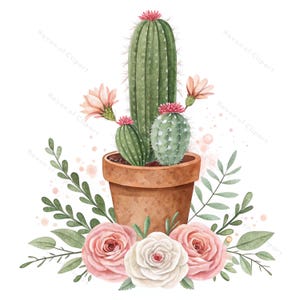 Conjunto de 12 imágenes prediseñadas de cactus y rosas en acuarela • Macetas con suculentas y flores en estilo bohemio • PNG/JPG para calcomanías, impresiones, tarjetas y decoración