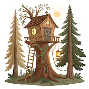 12 Clipart di casette sull'albero nella foresta incantata • Casetta sull'albero acquerello con lanterne, scala e pini • PNG/JPG per cameretta dei bambini, decorazioni da favola