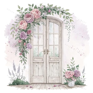 12 imágenes prediseñadas de acuarela de puertas francesas • Marco de puerta floral PNG JPG • Arco de peonía y hiedra para invitaciones de boda, decoración de jardín, imprimibles DIY