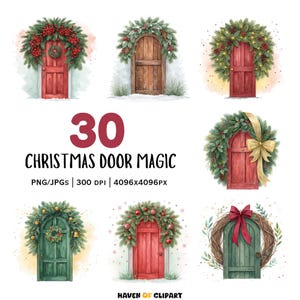 30 Christmas Doors & Wreath Clipart • Watercolor Red Green Holiday Festive Garlands • Digital Download for Cards, DIY Crafts, Decor PNG/JPGs