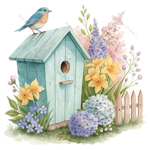 水彩画の鳥小屋のクリップアート12点 • 青い鳥の春の花 PNG/JPG • コテージコアガーデンのイラスト • 日記や工作に印刷可能