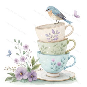 12 Clipart di uccellino azzurro su tazza da tè • Uccellino acquerello su tazza da tè floreale vintage PNG/JPG • Clip art di Cottagecore primaverile per biglietti, artigianato e decorazioni