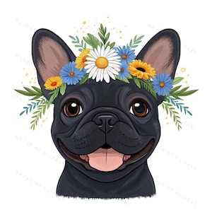 12 Französische Bulldogge Blumen Krone Clipart • Aquarell Frenchie Hund PNG JPG • Florale Haustier Kunst für Kinderzimmerdekoration, Karten & Hundeliebhaber Basteln