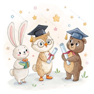12 graduierte Tier Clipart Set • Aquarell Bär Hase Eule mit Mütze & Diplom • Kinder Abschluss PNG / JPG • Kinderzimmer Kunst, Basteln, Tagebücher