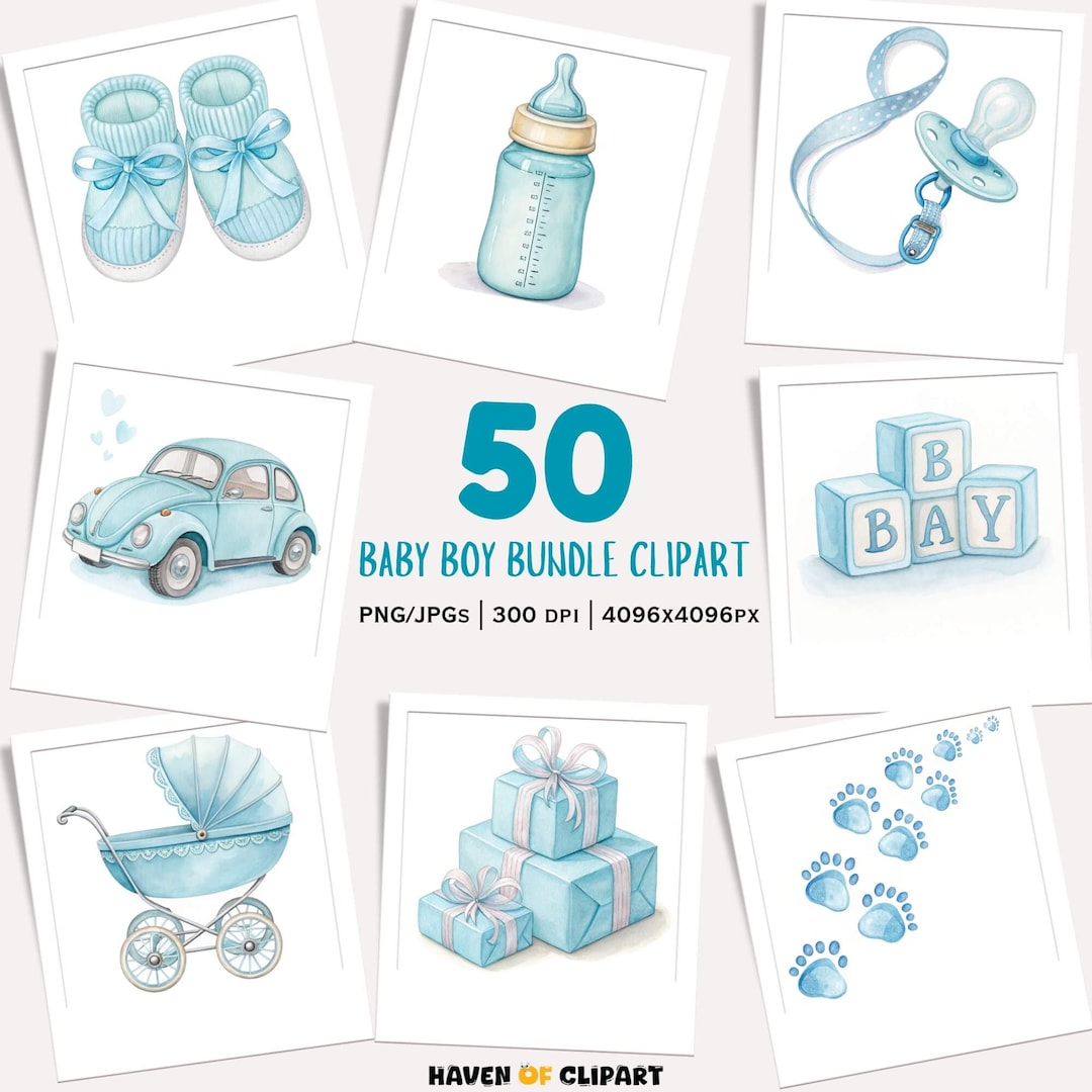50 Baby Boy Watercolor Clipart Bundle • Soft Blue Nursery Decor & Party ...