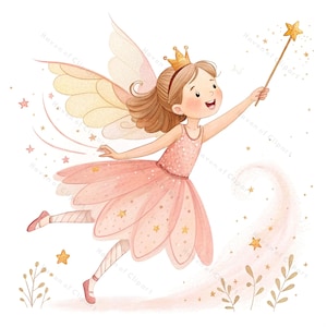 12 cliparts fées scintillantes • Féerique aquarelle avec baguette magique, poussière d'étoile et touches d'or rose • Art magique pour chambre d'enfant, fête, création de journal