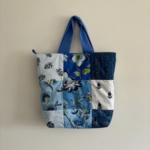 Quilted Blue Floral Patchwork Tote with Keychain Charm Hook
