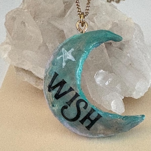 Crescent Moon Wish Necklace: Handmade Clay Pendant, Resin Sealed Shimmer