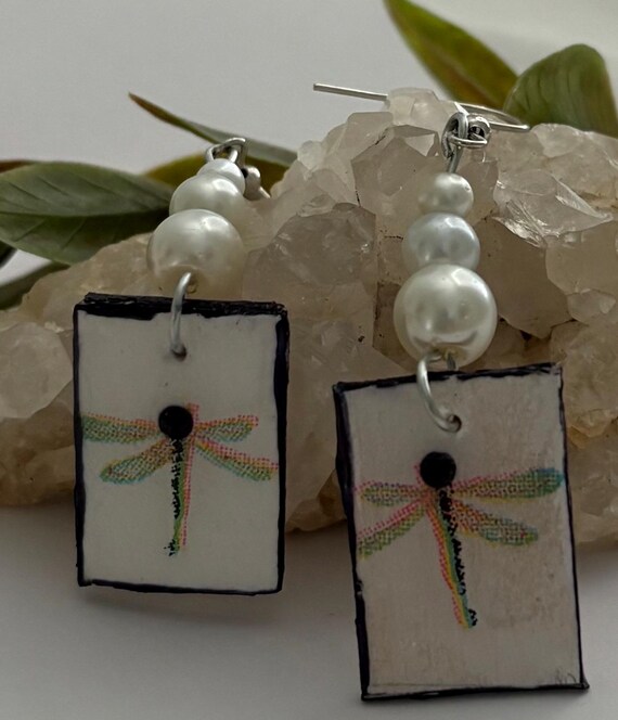 Dragonflies + Faux Pearls Dragonfly Resin Earrings | Faux Pearl & Wood Drops | Spiritual Boho Nature Jewelry