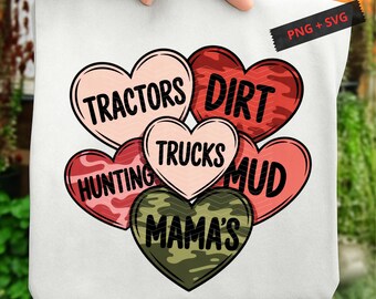 PNG de San Valentín campestre, diseño de amor con camión tractor, corazones de camuflaje rústico, camiseta de San Valentín de mamá campestre PNG