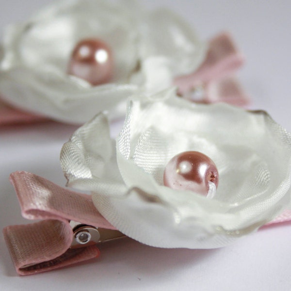 Sweet White and Pink Fabric Flower Rose Pig Tail Clips - Infant -Toddler - Child