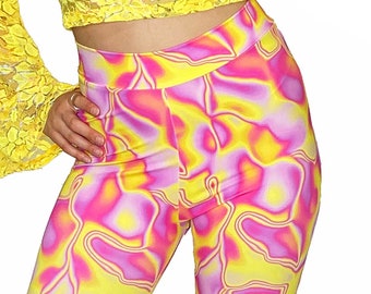 Pink Yellow Bell Bottoms, Boot Cut Pants, Tie Dye Pants, Stage Costume, Rocker Pants, KPOP Fashion, Cowgirl Outfit, Festival