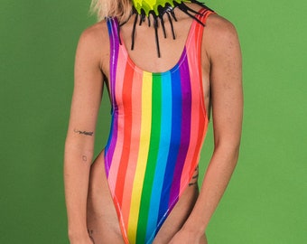 Rainbow Stripe Gay Pride Super High Leg Bodysuit- Unisex Leotard- Baywatch Style Bodysuit- Festival Acrobat Bodysuit-GoGo Dancing-Aerialist