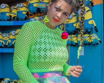 Neon Green Fishnet Unisex Top- Sheer Swimsuit Cover Up- Rave Crop Top- Dance Costume- Festival Burning Man Top