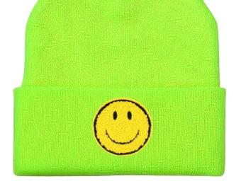 Beanie with Smiley Face Patch, Smiley Face, Smiley Face Beanie, Neon Beanie, Queer Hat, Winter Hat, Unisex, Knit Beanie, Valentines Day Gift