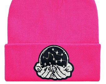 Beanie with Crystal Ball Patch, Tarot, Tarot Beanie, Psychic, Neon Beanie, Queer Hat, Winter Hat, Unisex, Knit Beanie, Valentines Day Gift