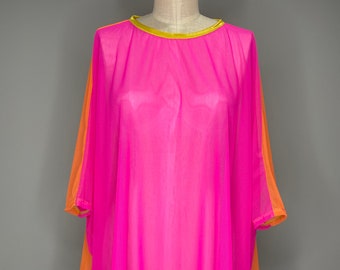 Pink Orange Mesh Caftan- Sheer Kaftan- Color Block- One Size- Swimsuit Coverup- Beach Coverup- Oversized Top- Plus Size- Sheer Coverup