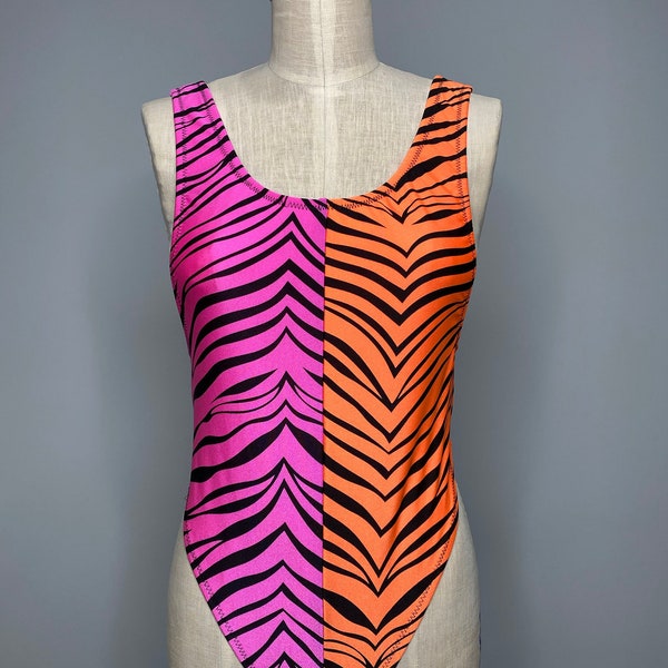 Zebra High Cut Bodysuit- Pink Orange Bodysuit- Zebra Print-Stripper Bodysuit- Queer- One Piece Zebra Swimsuit- Go Go Costume