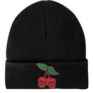 Black Beanie with Cherry Skulls Patch, Cherry Skull, Black Beanie, Tan Beanie, Mens Beanie, Khaki Skull Cap, Winter Hat, Unisex, Knit Beanie