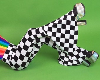 Black White Checker Unisex Bell Bottoms- Checkered Pants- Circus Costume- Clown- Rave Dance Costume- Burning Man- Mamma Mia Bell Bottoms