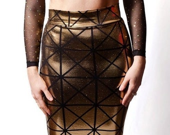 Black and Gold Hologram Pencil Skirt, Gold Metallic Skirt, Hologram Skirt, Gold Skirt, Glitter Skirt, Holiday New Years Eve Outfit, Unisex